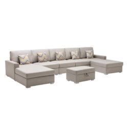 Nolan - Linen Fabric 6 Piece Double Chaise Sectional Sofa With Interchangeable Legs, Storage Ottoman, And Pillows - Beige