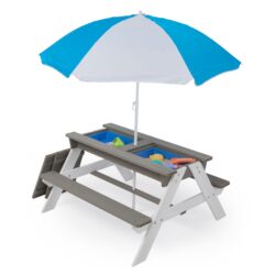 3-In-1 Kids Outdoor Wooden Picnic Table With Umbrella, Convertible Sand & Water, ASTM & CPSIA Certification - Gray