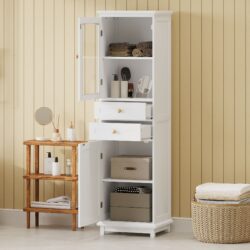 Tall Bathroom Storage Cabinet With Glass Doors, Free-Standing, Two Drawers, And Adjustable Shelves, MDF Board, Painted Perfect For Displaying Your Favorite Items - White