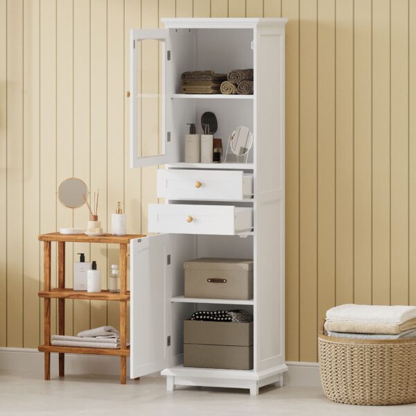 Tall Bathroom Storage Cabinet With Glass Doors, Free-Standing, Two Drawers, And Adjustable Shelves, MDF Board, Painted Perfect For Displaying Your Favorite Items - White