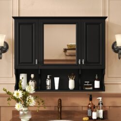 Wall Mounted Bathroom Medicine Cabinet, Modern Bathroom Wall Cabinet With Mirror, Mirror Cabinet With Open Shelves - Black
