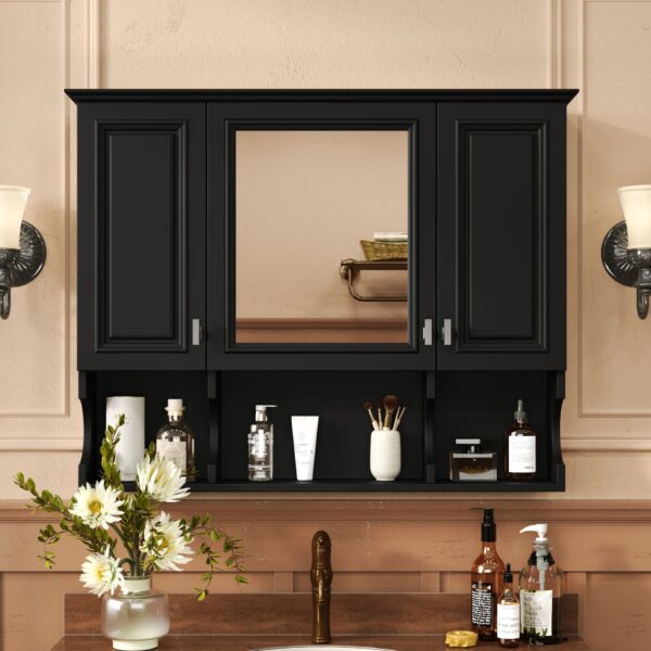 Wall Mounted Bathroom Medicine Cabinet, Modern Bathroom Wall Cabinet With Mirror, Mirror Cabinet With Open Shelves - Black