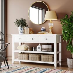 Retro Design Console Table With Two Open Shelves, Pine Frame And Legs For Living Room - Antique White