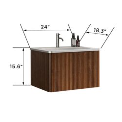 Etna - Striped Bathroom Vanity With Ceramic Sink, Wall Mounted Floating Bathroom Vanity For Modern Bathroom - White / Walnut