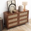 Modern Cannage Rattan Wood Closet 6 Drawer Dresser Wood Storage Cabinet Sideboard For Bedroom, Living Room, Entryway, Hallway - Walnut - Image 3