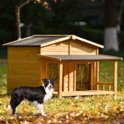 Large Wooden Dog House Outdoor / Indoor Dog Crate, Cabin Style, With Porch, 2 Doors - Natural