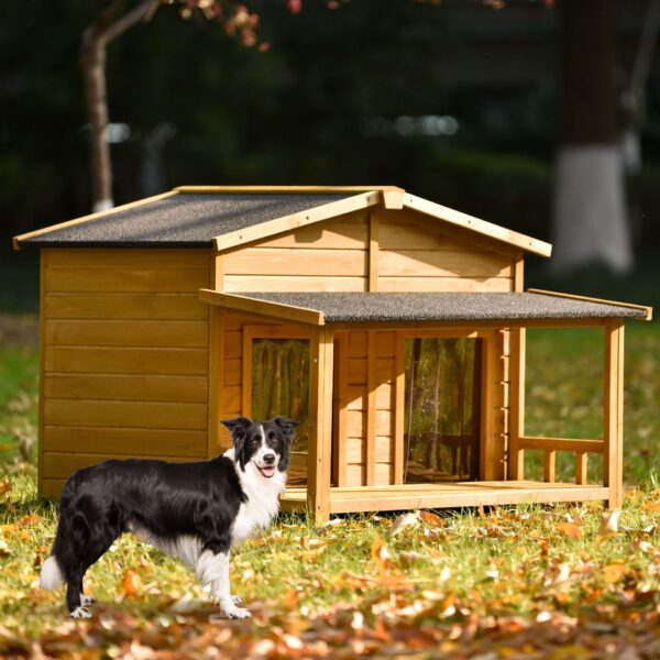 Large Wooden Dog House Outdoor / Indoor Dog Crate, Cabin Style, With Porch, 2 Doors - Natural