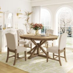 Functional Furniture Retro Style Dining Table Set With Extendable Table And 4 Upholstered Chairs For Dining Room And Living Room - Natural Wash