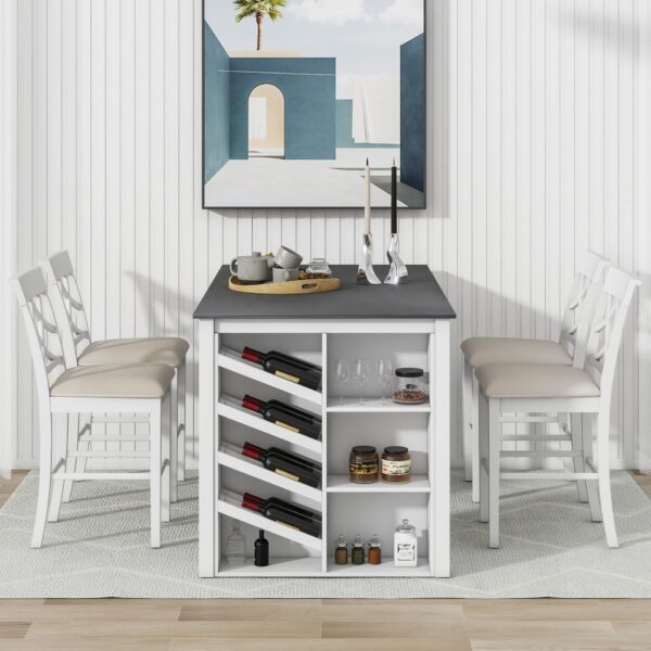 Topmax - 5 Piece Updated Counter Height Solid Wood Dining Table Set, Table With Curved Wine Rack And 4 Upholstered Chairs - White