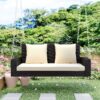 2 Person Wicker Hanging Porch Swing With Chains, Cushion, Pillow, Rattan Swing Bench For Garden, Backyard - Brown / Beige - Image 7