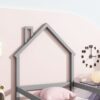 Twin Size Wood Bed With House-Shaped Headboard Floor Bed With Fences - Gray - Image 5