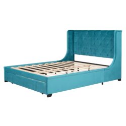 Queen Size Storage Upholstered Platform Bed With Wingback Headboard And A Big Drawer - Blue