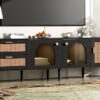 Rattan TV Stand With 3 Cabinets & 2 Drawers, Rattan-Inspired Media Console Table For Tvs Up To 80'', LED Light Entertainment Center, TV Cabinet For Living Room - Black - Image 17