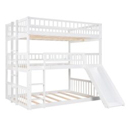 Full Over Full Over Full Triple Bed With Built-In Ladder And Slide, Triple Bunk Bed With Guardrails - White