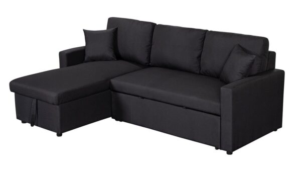 Paisley - Linen Fabric Reversible Sleeper Sectional Sofa With Storage Chaise - Black