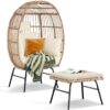 Outdoor Garden Wicker Egg Chair And Footstool Patio Chaise, With Cushions, Outdoor Indoor Basket Chair - White / Natural - Image 2