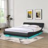 Queen Size Upholstered Platform Bed Frame, LED Lighting With Remote Controller And App, Curve Design, Wood Slat Support, No Box Spring Needed - Black - Image 13