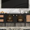 Rattan TV Stand With 3 Cabinets & 2 Drawers, Rattan-Inspired Media Console Table For Tvs Up To 80'', LED Light Entertainment Center, TV Cabinet For Living Room - Black - Image 20