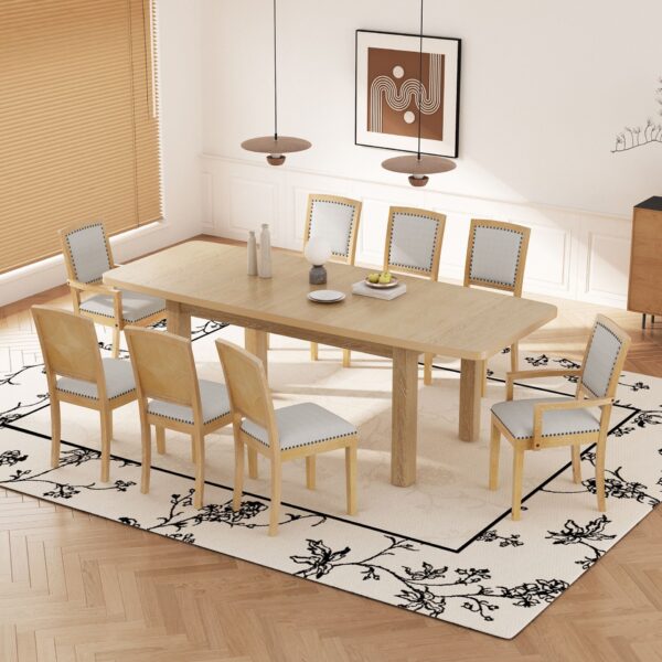 Topmax - Rustic Extendable Dining Table Set With Removable Leaf, 6 Upholstered Armless Dining Chairs And 2 Padded Arm Chairs, 9 Pieces - Natural