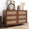 Modern Cannage Rattan Wood Closet 6 Drawer Dresser Wood Storage Cabinet Sideboard For Bedroom, Living Room, Entryway, Hallway - Walnut - Image 2