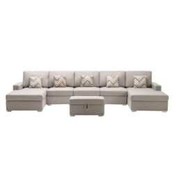 Nolan - Linen Fabric 6 Piece Double Chaise Sectional Sofa With Interchangeable Legs, Storage Ottoman, And Pillows - Beige