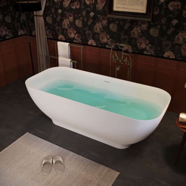 Freestanding Solid Surface Bathtub, Luxury Engineered Stone Resin Freestanding Soaking Bathtub With Overflow And Pop-Up Drain Cupc Certified, 22S04-67 - Matte White