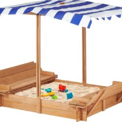 Kids Sandbox With Adjustable Cover, Sand Box With 2 Foldable Bench Seats, Outdoor Sandpit For Backyard Play - Light Brown