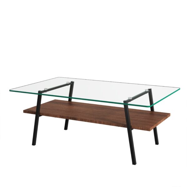 Rectangle Coffee Table, Tempered Glass Tabletop With Metal Legs, Modern Table For Living Room, Transparent Glass - Dark Brown
