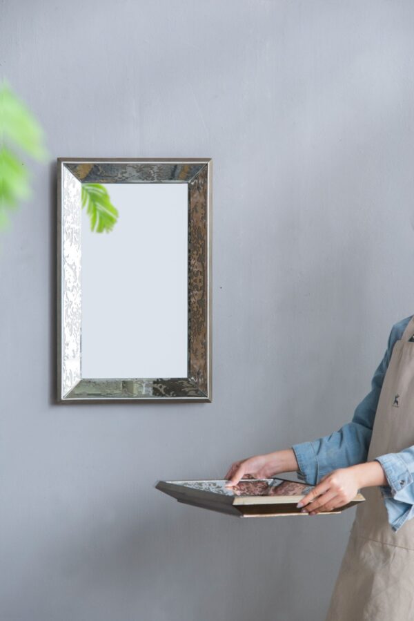 Antique Rectangle Mirror With Floral Accents, Mirrored Display Tray, Wall Mirror - Silver