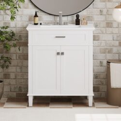 Bathroom Vanity With Ceramic Basin, Soft Close Door And Adjustable Shelves - White