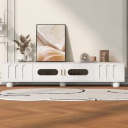 Modern TV Stand For TVs Up To 80", Entertainment Center & Glass Door, 2 Drawers And Cabinets, Wood TV Storage Cabinet With Solid Wood Legs And Metal Handles For Living Room - White