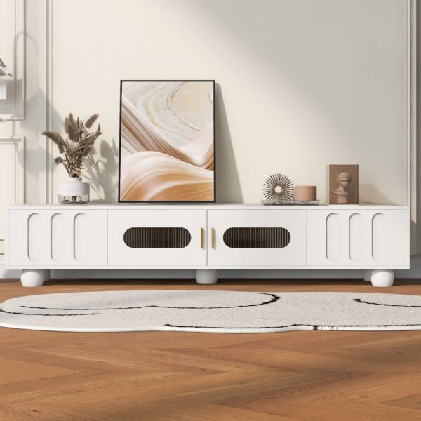 Modern TV Stand For TVs Up To 80", Entertainment Center With Glass Door, 2 Drawers And Cabinets, Wood TV Storage Cabinet With Solid Wood Legs And Metal Handles For Living Room - White