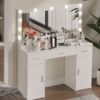 47.2" Vanity Desk With Large Mirror, 3 Colour Lighting Modes, Adjustable Brightness, Dresser With 3 Drawers & 2 Vertical Cabinets, Makeup Vanity Table For Women & Girls - White - Image 2