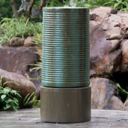 Large Concrete Cylinder Ribbed Water Fountain, Outdoor Bird Feeder / Bath Fountain, Modern Industrial Style - Antique Green / Brown