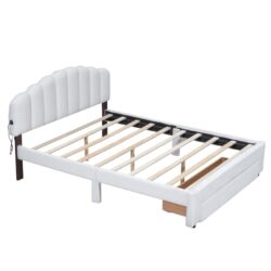 Queen Size Upholstered Platform Bed With Drawer - White