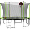 14Ft Trampoline With Basketball Hoop Inflator And Ladder (Inner Safety Enclosure) - Green - Image 3