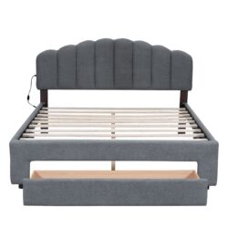 Queen Size Upholstered Platform Bed With Drawer - Gray