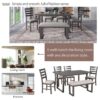 6 Pieces Family Furniture, Solid Wood Dining Room Set With Rectangular Table & 4 Chairs With Bench - Gray - Image 5