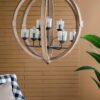 9 Light Globe Chandelier, Wood Chandelier Hanging Light Fixture With Adjustable Chain For Kitchen, Bulb Not Included - Brown - Image 5