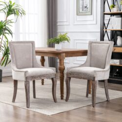 Ultra Side Dining Chair,Thickened Fabric Chairs With Neutrally Toned Solid Wood Legs, Bronze Nail Head (Set of 2) - Beige