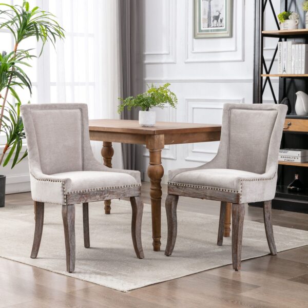 Ultra Side Dining Chair,Thickened Fabric Chairs With Neutrally Toned Solid Wood Legs, Bronze Nail Head (Set of 2) - Beige