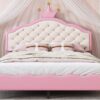 Full Size Lovely Crown Fantasy Leather Princess Bed With Tufted Headboard - Pink / Cream - Image 15