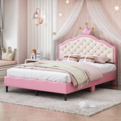 Full Size Lovely Crown Fantasy Leather Princess Bed With Tufted Headboard - Pink / Cream