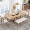 Topmax - 6 Piece Farmhouse Extendable Dining Table With Footrest, 4 Upholstered Dining Chairs And Dining Bench, Two 11" Removable Leaf - Natural / Beige - Image 2