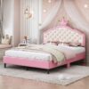 Full Size Lovely Crown Fantasy Leather Princess Bed With Tufted Headboard - Pink / Cream - Image 12