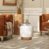Tilly - Round Fur Upholstered / Burl Pouf Ottoman - White - Image 6