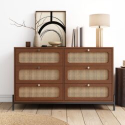 Modern Cannage Rattan Wood Closet 6 Drawer Dresser Wood Storage Cabinet Sideboard For Bedroom, Living Room, Entryway, Hallway - Walnut