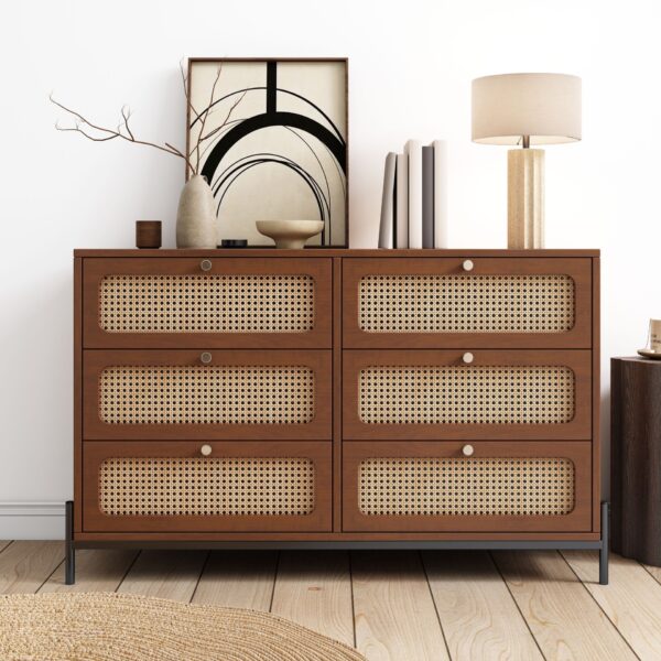 Modern Cannage Rattan Wood Closet 6 Drawer Dresser Wood Storage Cabinet Sideboard For Bedroom, Living Room, Entryway, Hallway - Walnut