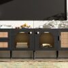 Rattan TV Stand With 3 Cabinets & 2 Drawers, Rattan-Inspired Media Console Table For Tvs Up To 80'', LED Light Entertainment Center, TV Cabinet For Living Room - Black - Image 19