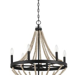 Starry - Chandelier Farmhouse Six Candle Light Wood Beaded Pendant Light For Dining Room - Black / Clear